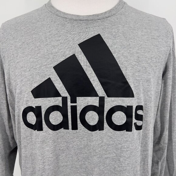 Adidas Gray Long Sleeve Logo T-Shirt Tee Men's L Large 100% Cotton Crewneck Casu - Picture 1 of 5